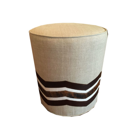 Round Footstool Covered in Neutral Linen with Contrasting Leather and Hair on Hide Zig Zag Pattern