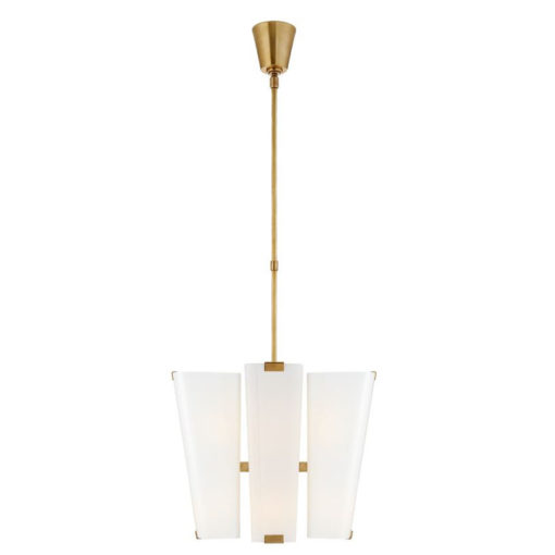 Small Chandelier in White Glass w/Antique Brass Accents and Rod 1