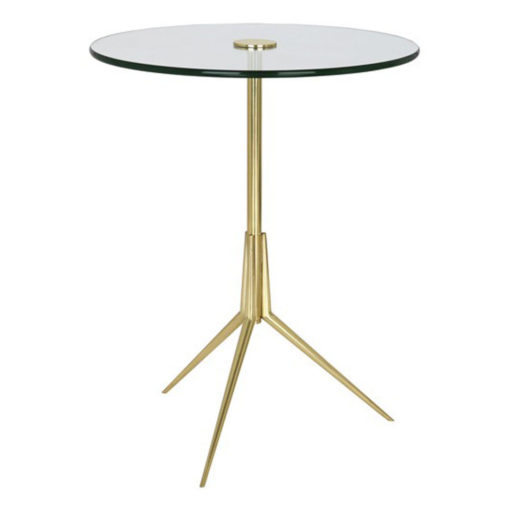 Round Side Table with Glass Top and Tripod Metal Base in a Modern Brass Finish