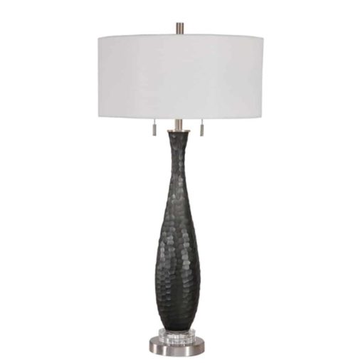 Table Lamp w/ Frosted Black Glass Base in Honeycomb Pattern and Brushed Nickel Hardware