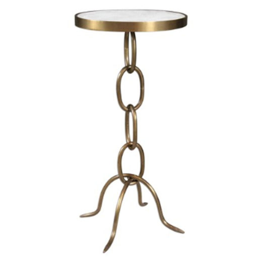 Hand Forged Iron Table in a Link Design Finished in Antiqued Gold w/ Inlaid White Marble 1