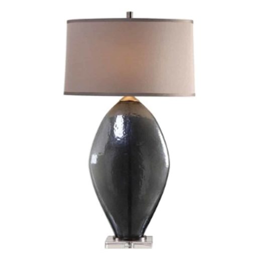Table Lamp w/ Charcoal Bronze Glass Base w/ Aged Silver Hardware and Oval Warm Silver Linen Shade 1