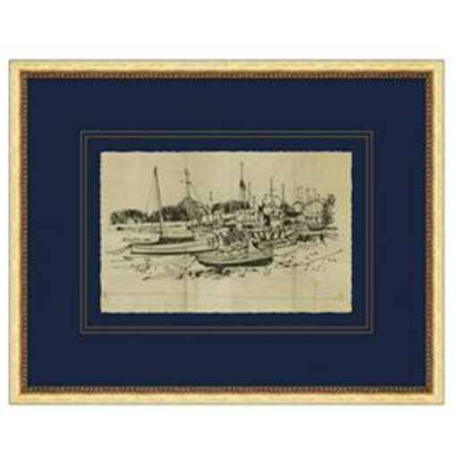 Sketch of Boats at Harbor in Gold Leaf French Frame 1