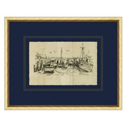 Sketch of Boats at Harbor in Gold Leaf French Frame