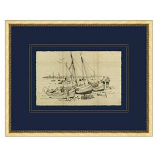 Sketch of Boats at Harbor in Gold Leaf French Frame 1