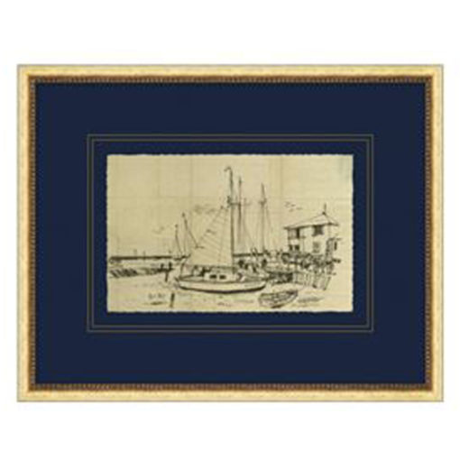 Sketch of Boats at Harbor in Gold Leaf French Frame