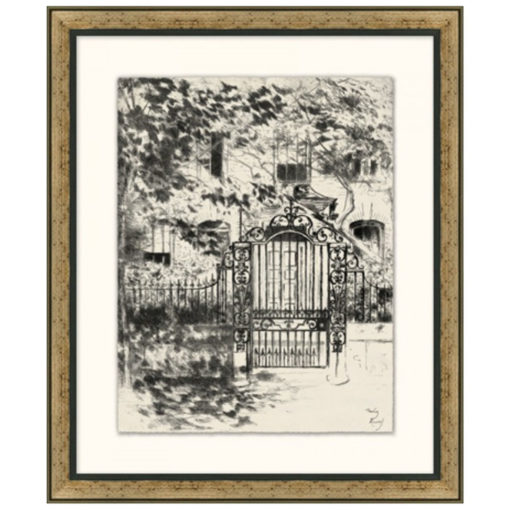 Framed Etching of European Home w/ Beautiful Iron Gate 1