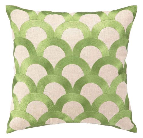 Natural Colored Linen Pillow with Green Threaded Scale Pattern 16” Sq 1