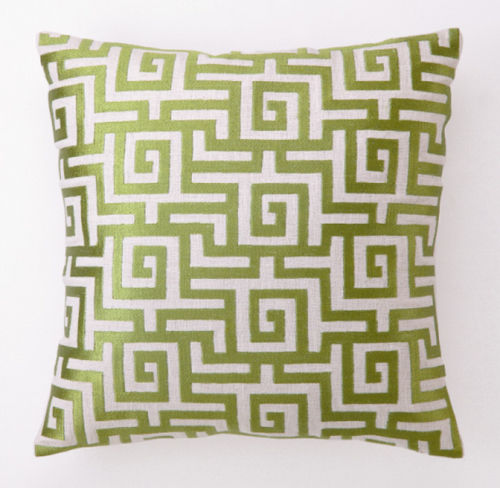 Natural Colored Linen Pillow with Green Greek Key Pattern 16” Sq 1
