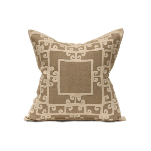 Square Dark Linen Pillow with Taupe Colored Applique of Squares Connected by Swirls 24"Sq 1