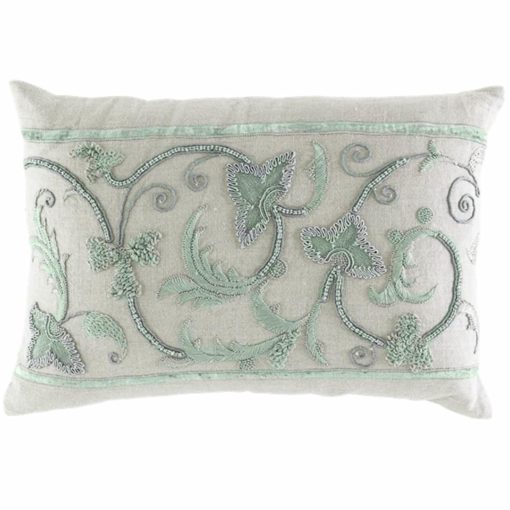 Rectangular Natural Beige Linen Pillow Embellished with Soft Aqua Leave and Floral Embroidery 15" x 21"