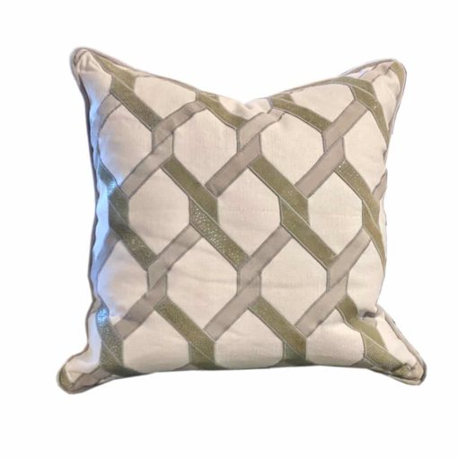 Cream Pillow with Lattice Print in Green Leather and Silver Velvet 22"