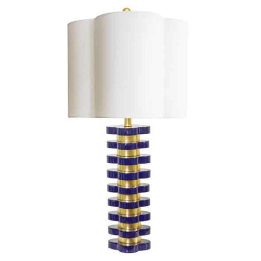 Table Lamp w/ High Gloss Indigo Blue Lacquer and Gold Leaf Quatrefoil Shapes & Shade in Off-White Linen 32"H 1