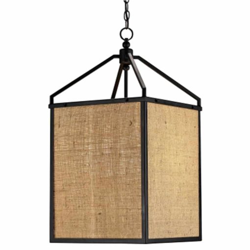 Wiggins Lantern Black Wrought Iron with Natural Burlap