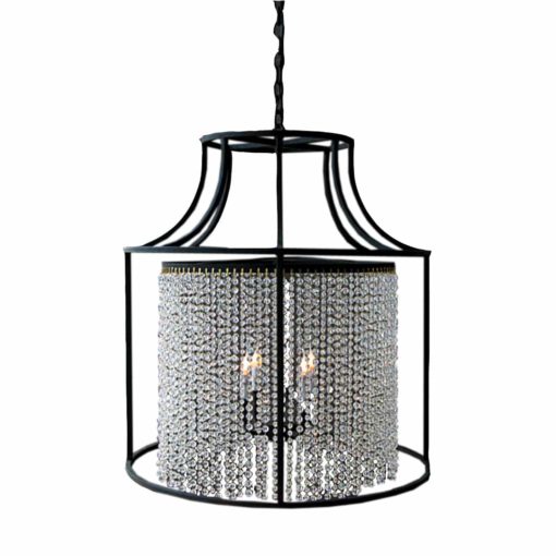 Round Metal Chandelier with Antiqued Black Finish and Shade Made of Crystal Strands