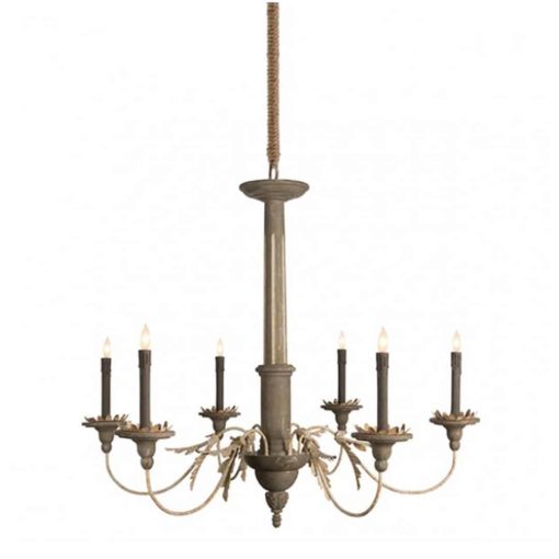 Six Light Chandelier with Column Center and Curved Arms with Metal Leaf Detailing 1
