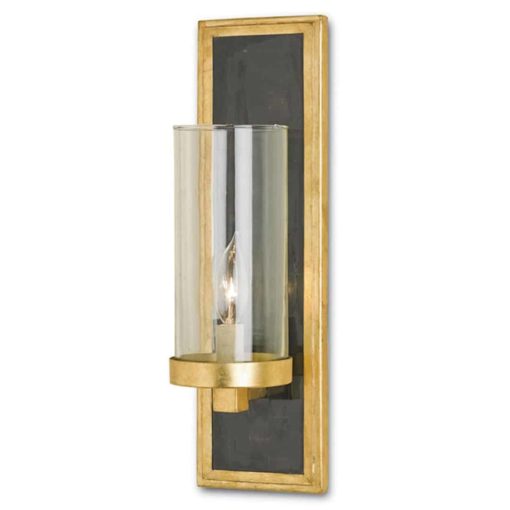 Chic Wall Sconce with Crackled Black Backplate and Gold Leaf Outline with a Glass Center Shade Over the Candle (Damp location certified) 1