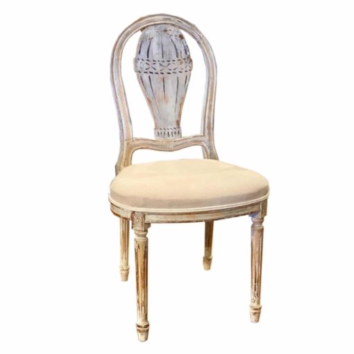 Whimsical Wooden Dining Side Chair in Grey Oak Finish w/Painted Balloon Back and Upholstered Linen Seat