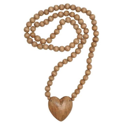 Wood Hand-Carved Bead Strand w/ Heart