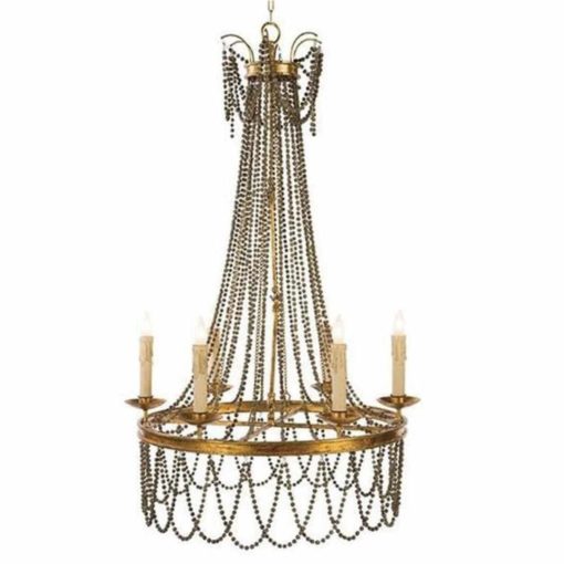 Chandelier w/ Graceful Swags of Rustic Gray Wooden Beads and Gilded Gold Metal 1