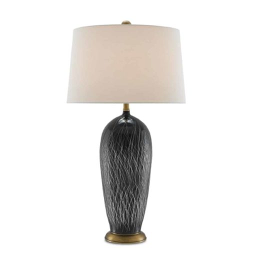 Black & White Striations Etched into Porcelain Lamp w/Brass Finish 1