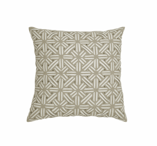 Square Natural Beige Linen Pillow Covered in Geometric White Leather Straps and Metallic Triangular Studs 1