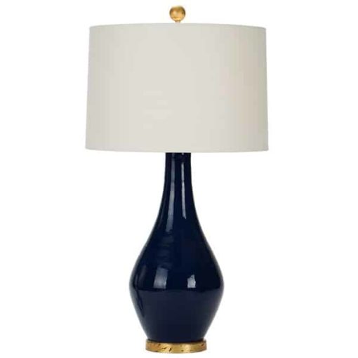 Ceramic Blue Table Lamp with White Drum Shade and Gold Base