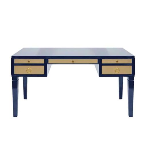 Desk with Grasscloth Drawer Front and High Gloss Navy Finish 1