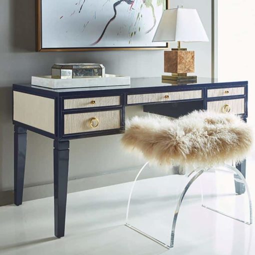 Desk with Grasscloth Drawer Front and High Gloss Navy Finish - Image 3