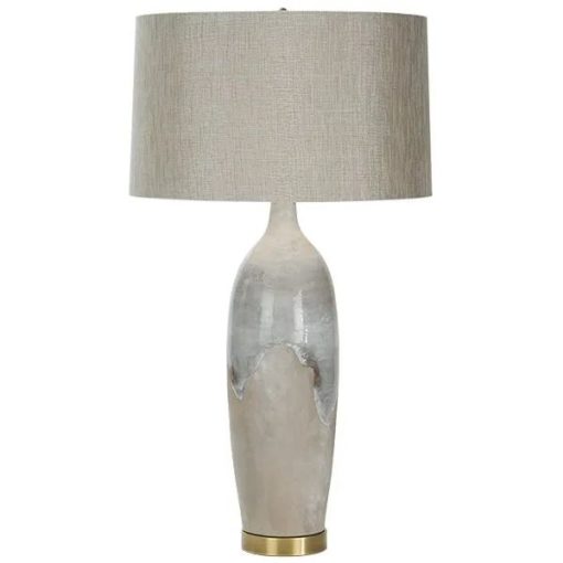 Tall Concrete Table Lamp with an Aged Brass Base and Round Silver Shade 1