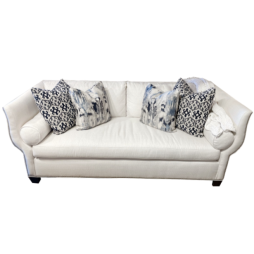 Hickory White Cafeno Sofa in Fabric 2898 color 06 Grade B w/ Four Contrasting Pillows and Bench Seat Cushion. 1