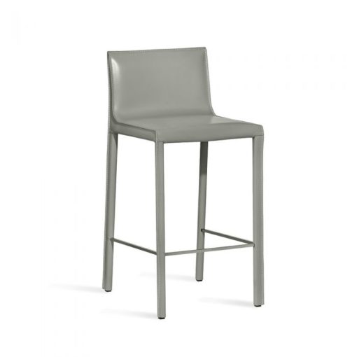 Sleek Counter Stool in Horizon Grey Leather and Brushed Steel Foot Rest. 1