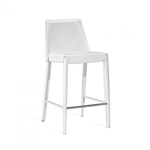 Sleek Counter Stool in Winter White Leather w/Polished Nickel Foot Rest. 1