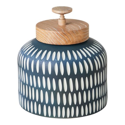 Porcelain Jar w/ Midnight Blue Glaze and Hand-Carved White Accents and Wood Top