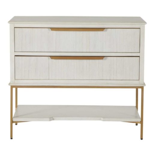 Transitional Nightstand w/ Two Ribbed-Front Drawers in Sesame White Finish and Stain Gold Accents 1