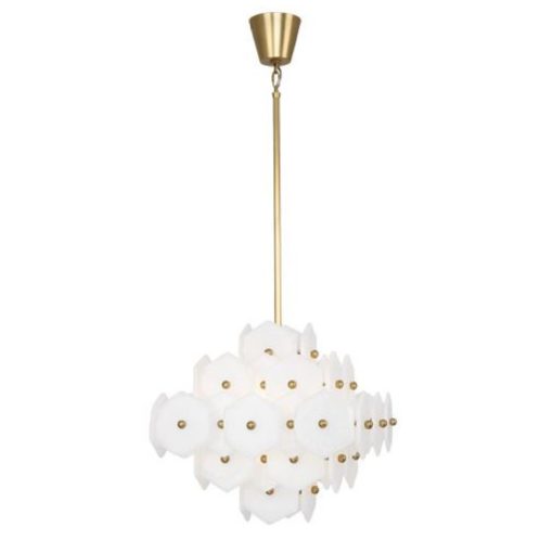 Hand Blown White Pulegoso Glass Chandelier in a Modern Brass Finish 1