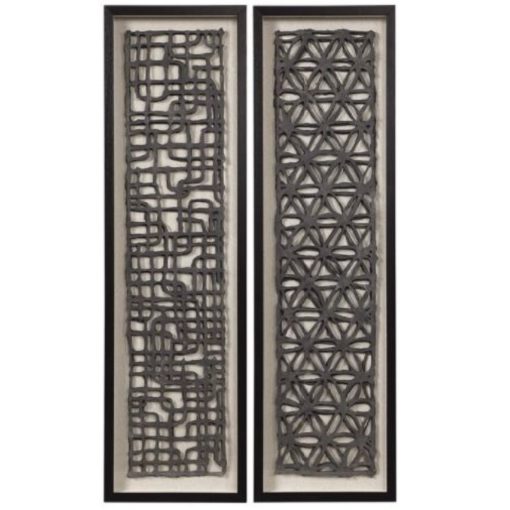 Set of 3-D Geometric Hand Torn Paper in Charcoal Black ontop Linen Fabric in Aged Black Frame 1