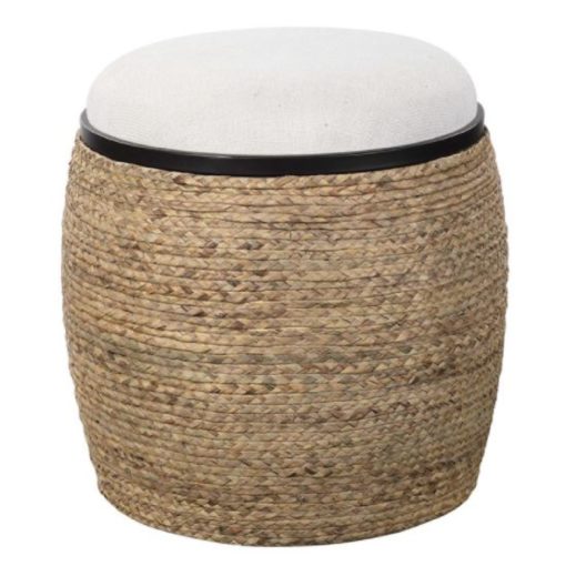 Accent Stool w/ Round Base Wrapped in Natural Braided Straw w/ Matte Black Iron Details and Upholstered Seat in Light Beige