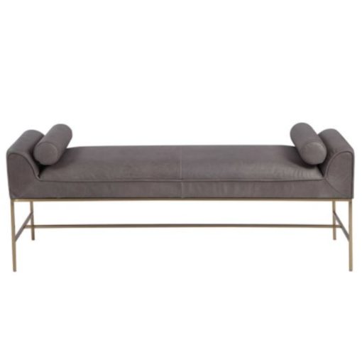 Bench in Top Grain Grey Leather and Metal Base in Brushed Brass Finish & Two Matching Bolster Pillows 1