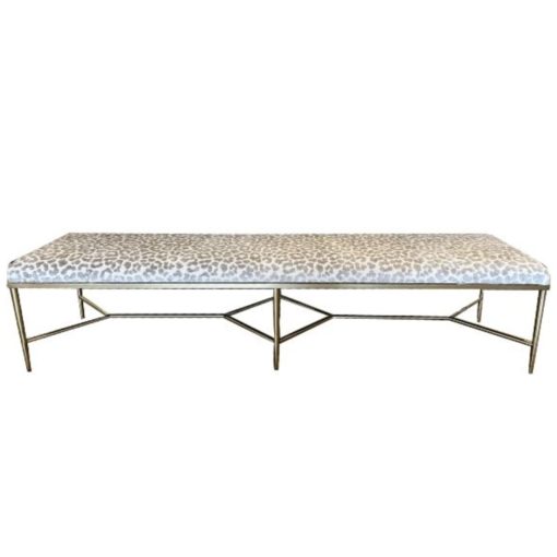 Bench Upholstered in Lenoxx Mist Gd. 54 w/ Geomteric Metal Stretcher in Aged Brass Finish. Standard Seat Cushion