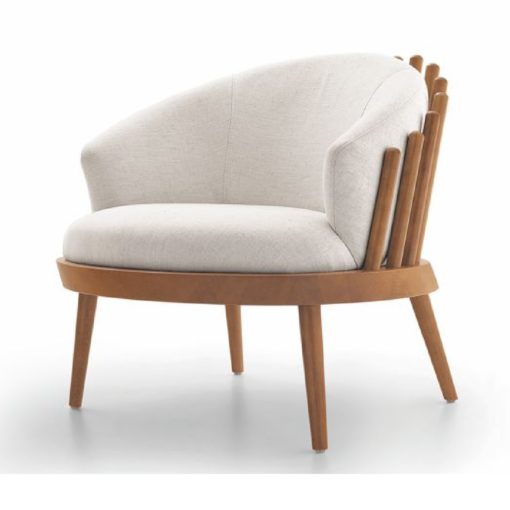 Upholstered Armchair in Teak Finish and Ivory Fabric. Handcrafted in Brazil.