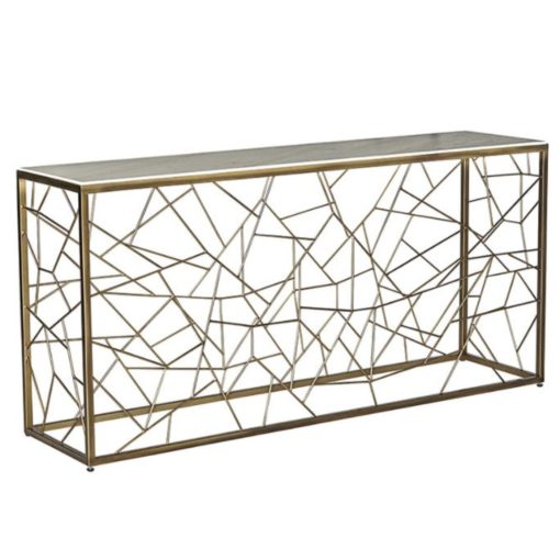 Large Console w.White Marble Top and Rustic Bronze Steel Frame w/ Webbed Pattern.