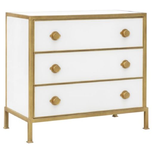 Three Drawer Chest Featuring White Reverse Painted Glass w/ Aged Bronze Accents. 1