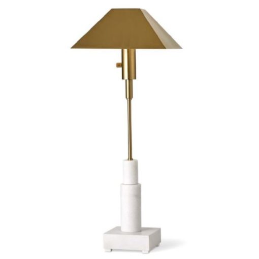 Elegant Table Lamp w/ Metal Shade in Gold Finish and Honed White Marble Base. Features Dimmer Switch for Functional Lighting.
