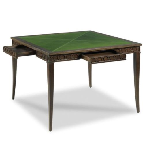 Framed Square Top Inset w/Forest Green Leather Over Apron Rails Featuring Pierced Fretwork. Features Game Piece Drawers on Each Side and Cabriole Feet.