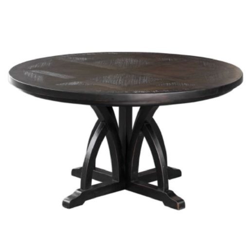 Dining Table with Weathered Black Finish on Solid Mango Wood Arched Base, w/ Rub-Through Distressing on Mindi Veneer Top. 1