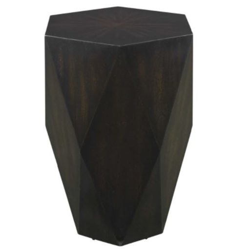 Geometric Accent Table Featuring Sunburst Top in Mango Veneer w/ Worn Black Finish w/ Natural Distressing, & Honey Undertones. 1