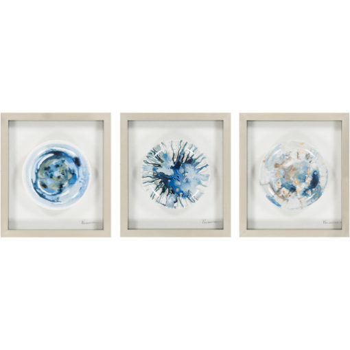Set of Three Framed Blue and White Plates w/ Metallic Accents and Wood Frame 1