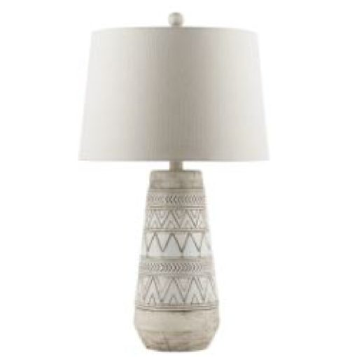 Table Lamp with Tan and Cream Painted Tribal Pattern w/ Beige Linen Shade 1