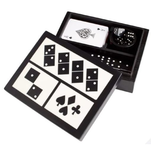 Cards, Dice, and Dominoes Resting in Black and White Box Piece